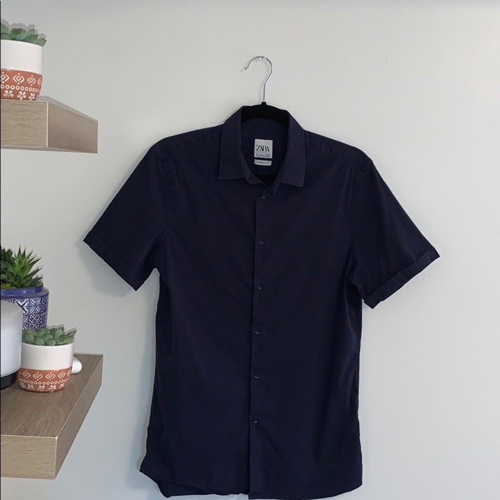 Zara Navy Short Sleeve Button-Up Shirt